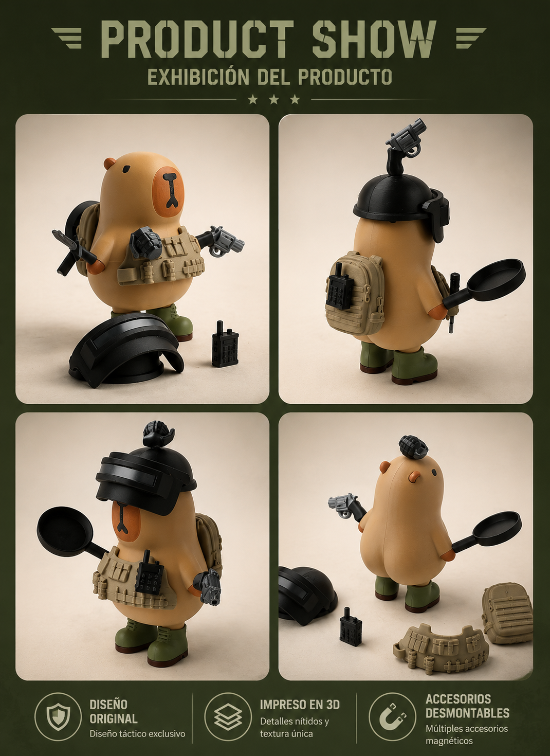 Capibara Fuerzas Especiales 3D Impresa – Figura Táctica Inspirada en Battle Royale con Accesorios Intercambiables | iBOOP