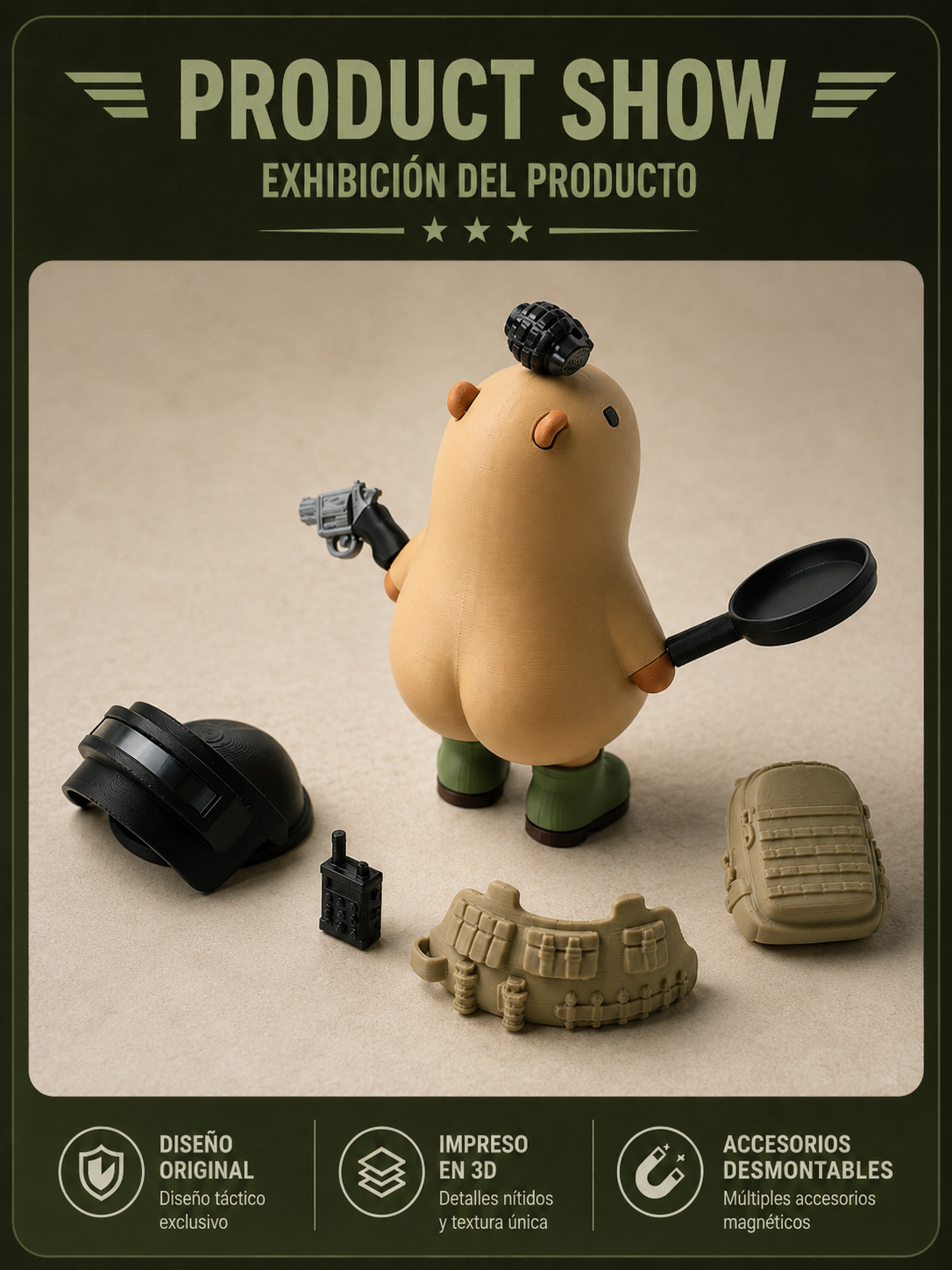 Capibara Fuerzas Especiales 3D Impresa – Figura Táctica Inspirada en Battle Royale con Accesorios Intercambiables | iBOOP
