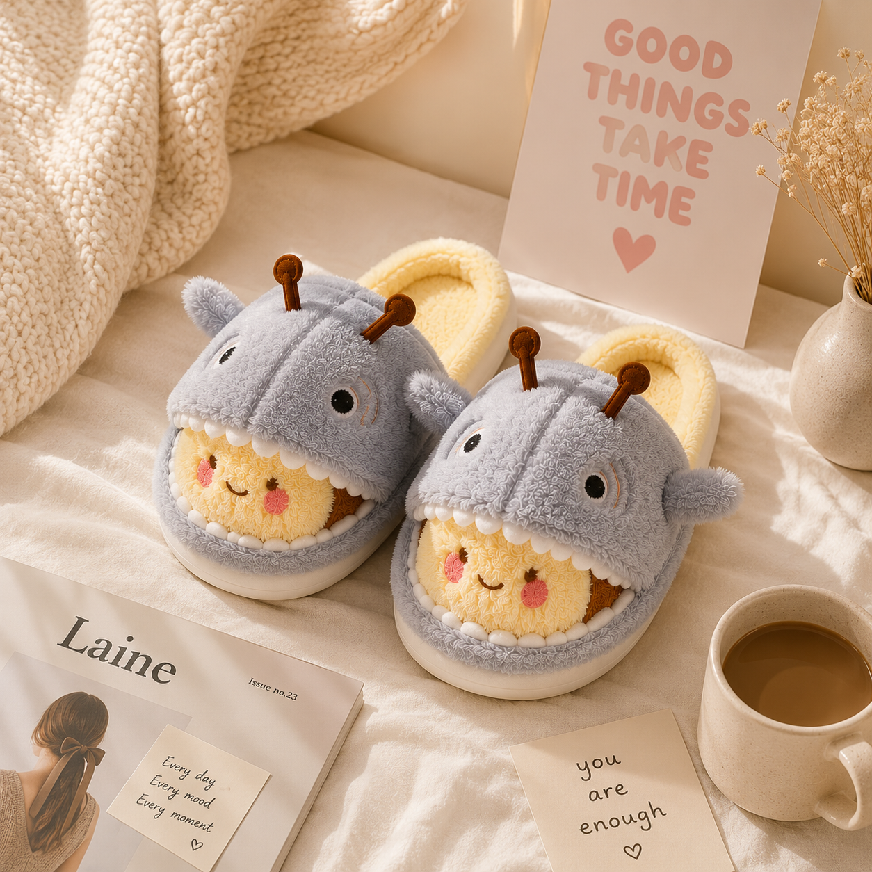 Shark & Bee Plush House Slippers