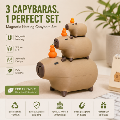 Magnetic Nesting Capybara Set – Handmade 3D Printed Collectible Desk Decor (3 Sizes)