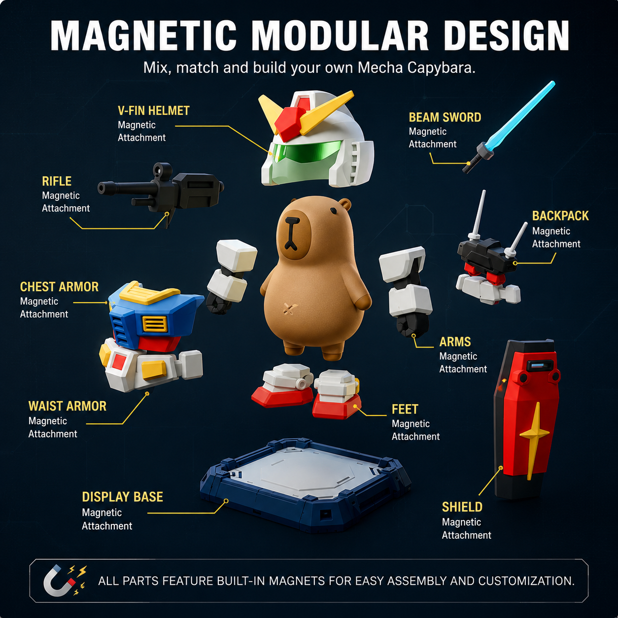 Mecha Capybara Figure – Magnetic Buildable Robot Collectible with Interchangeable Armor